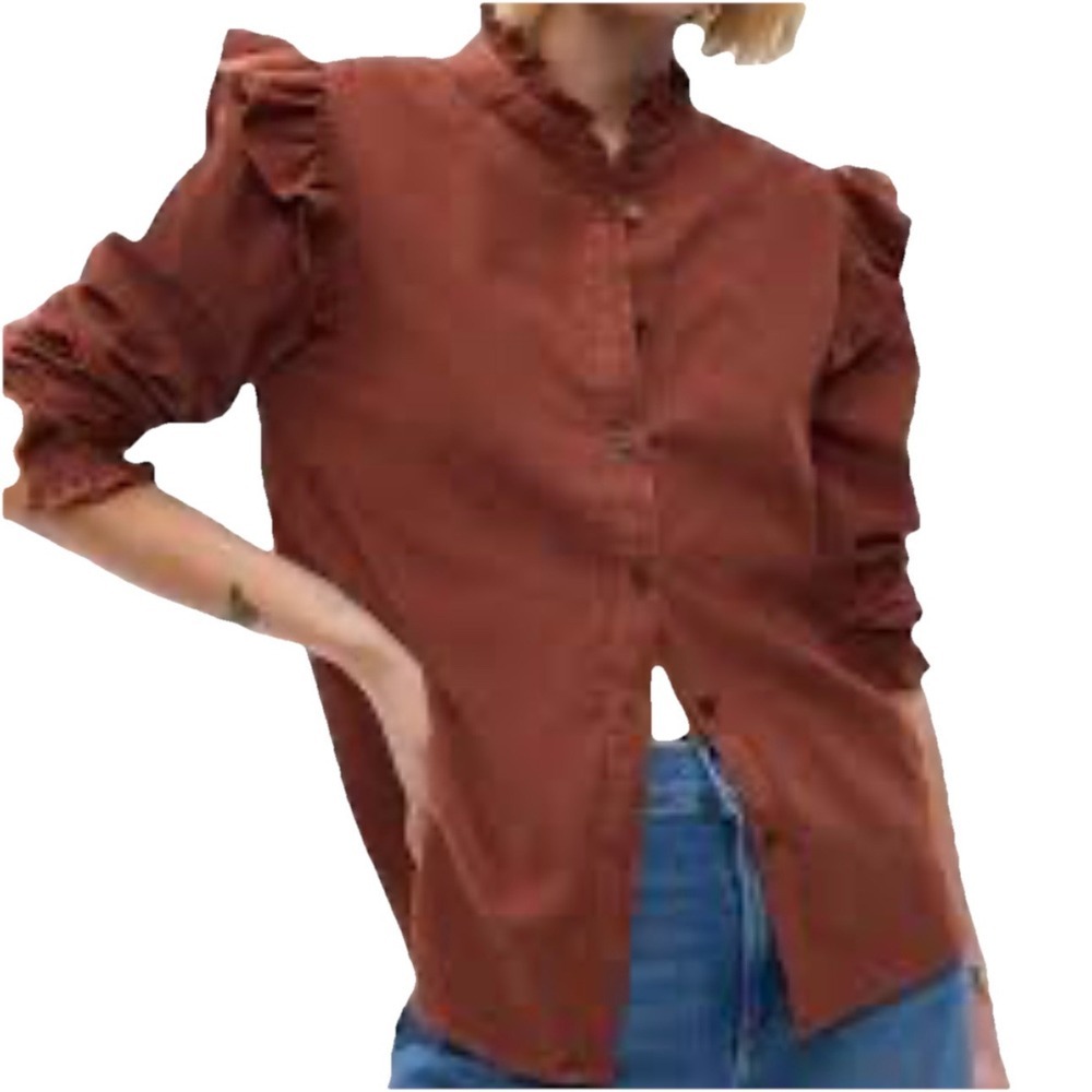 GAP Chocolate Brown Corduroy Shirt Womens L Button Down Ruffle Western‎ Cowgirl